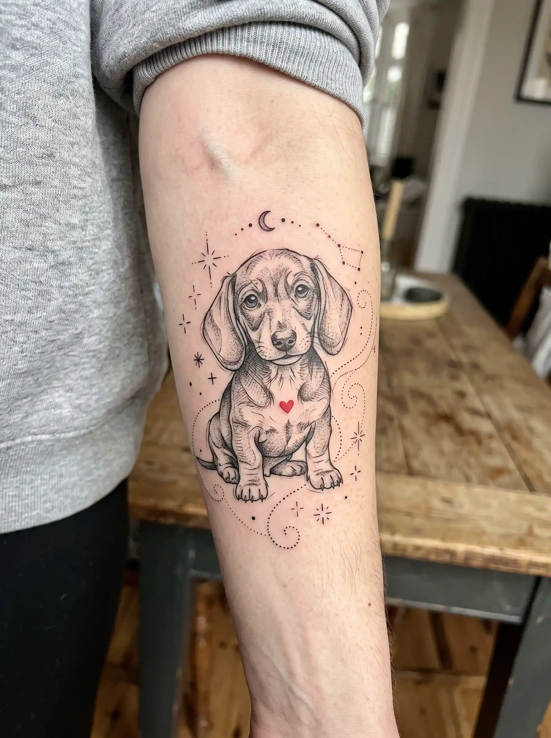 Sketch-style dachshund portrait tattoo with red heart accent on forearm
