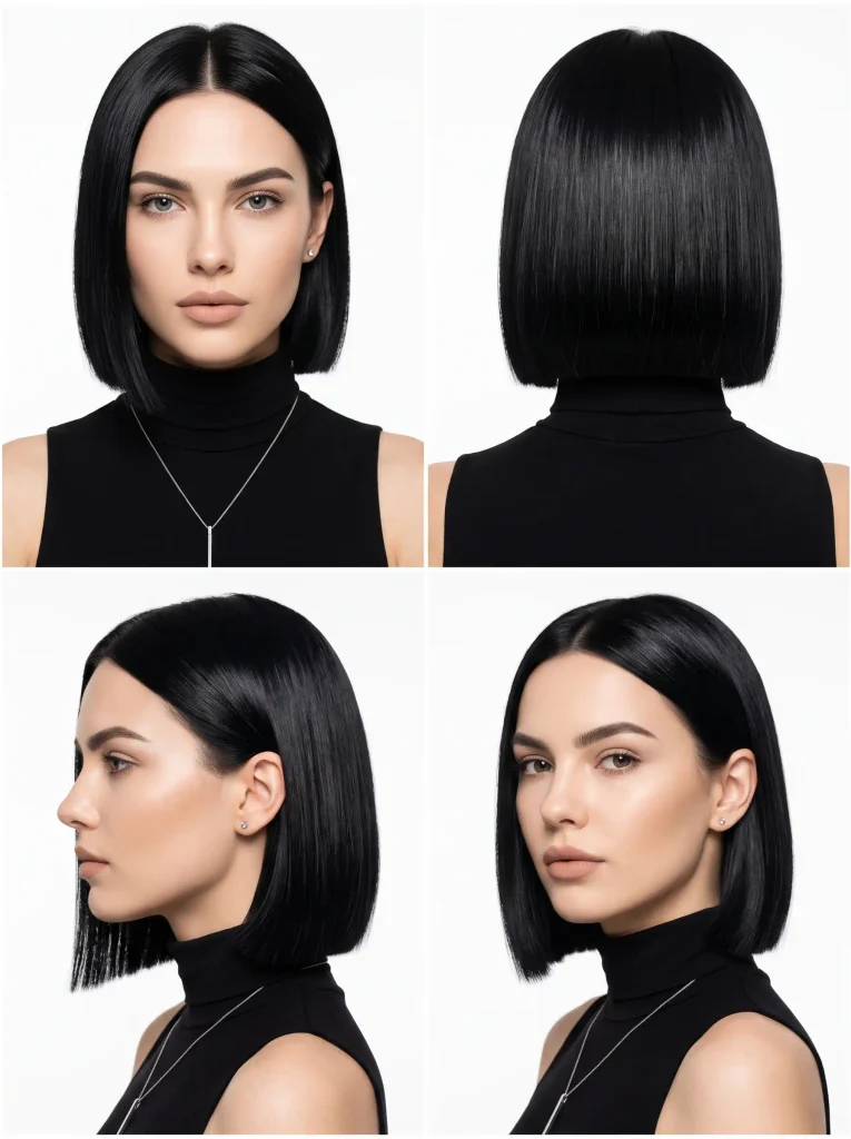 Woman with a glossy jet-black blunt bob and center part