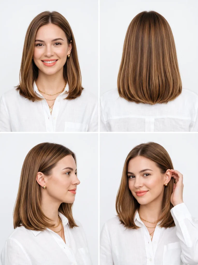Woman with a sleek shoulder-length lob haircut