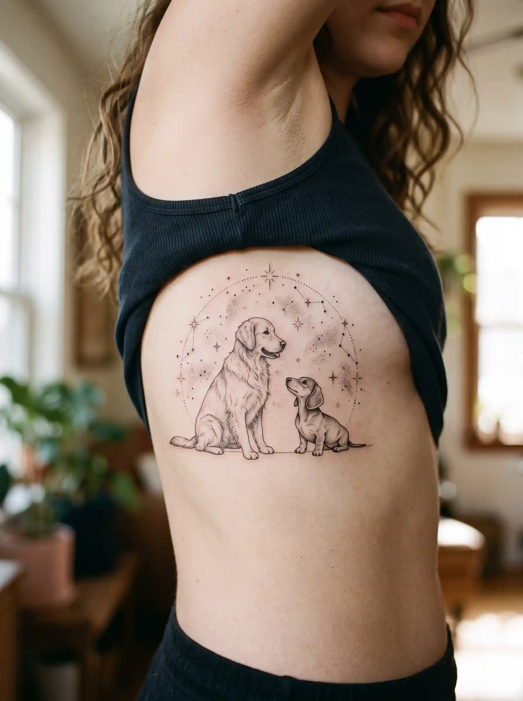 Golden retriever and dachshund dotwork tattoo with stars on ribcage