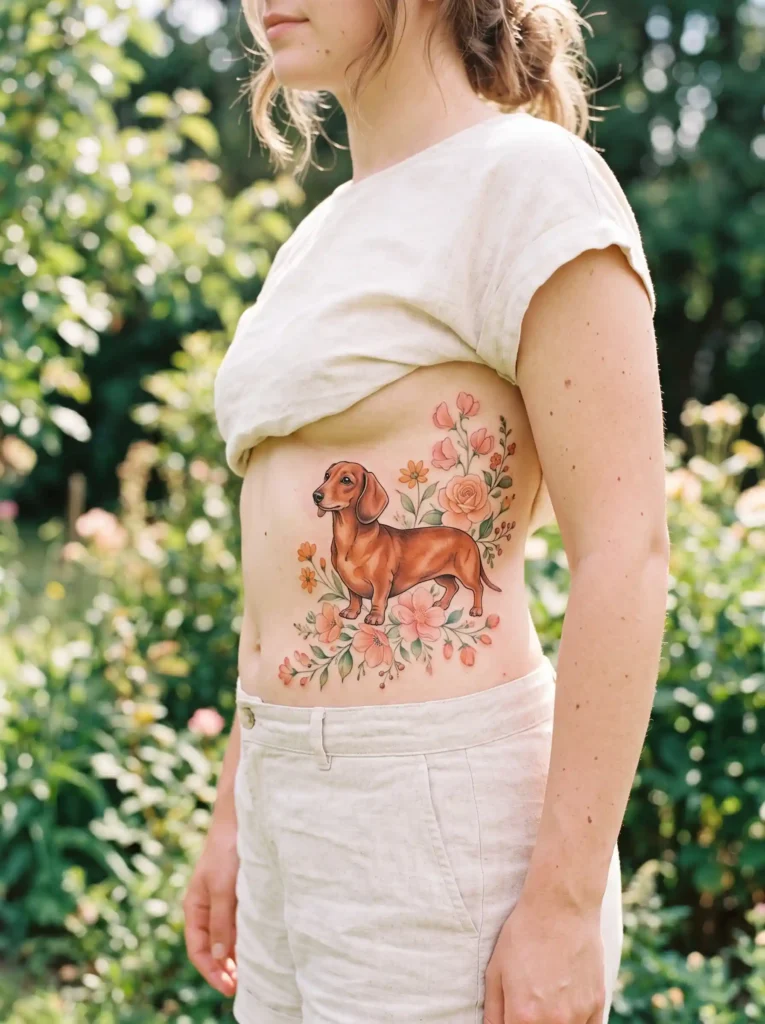 Watercolor dachshund tattoo with pastel flowers on ribcage