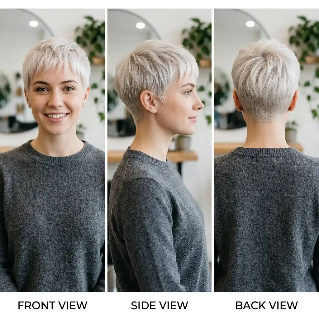 Woman with a platinum blonde pixie haircut
