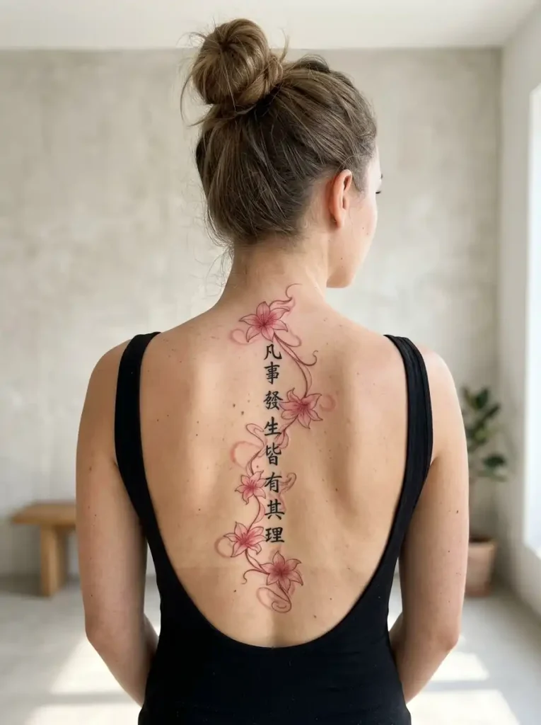 Vertical script tattoo with a trailing lily vine down the spine