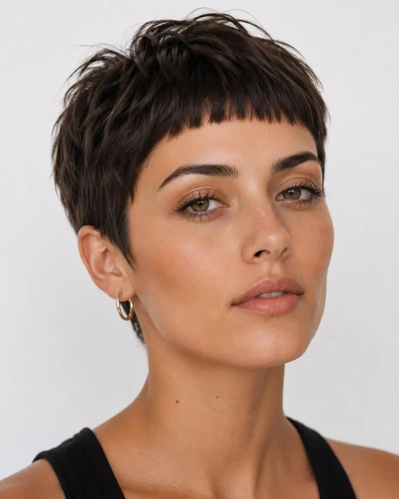 Woman with a choppy micro-pixie haircut and blunt baby bangs
