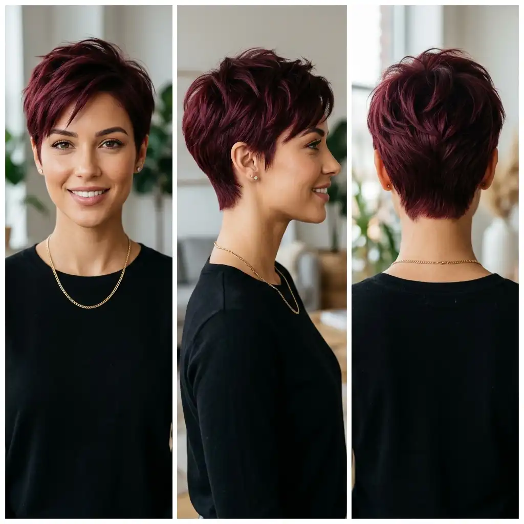Woman with a deep burgundy pixie haircut
