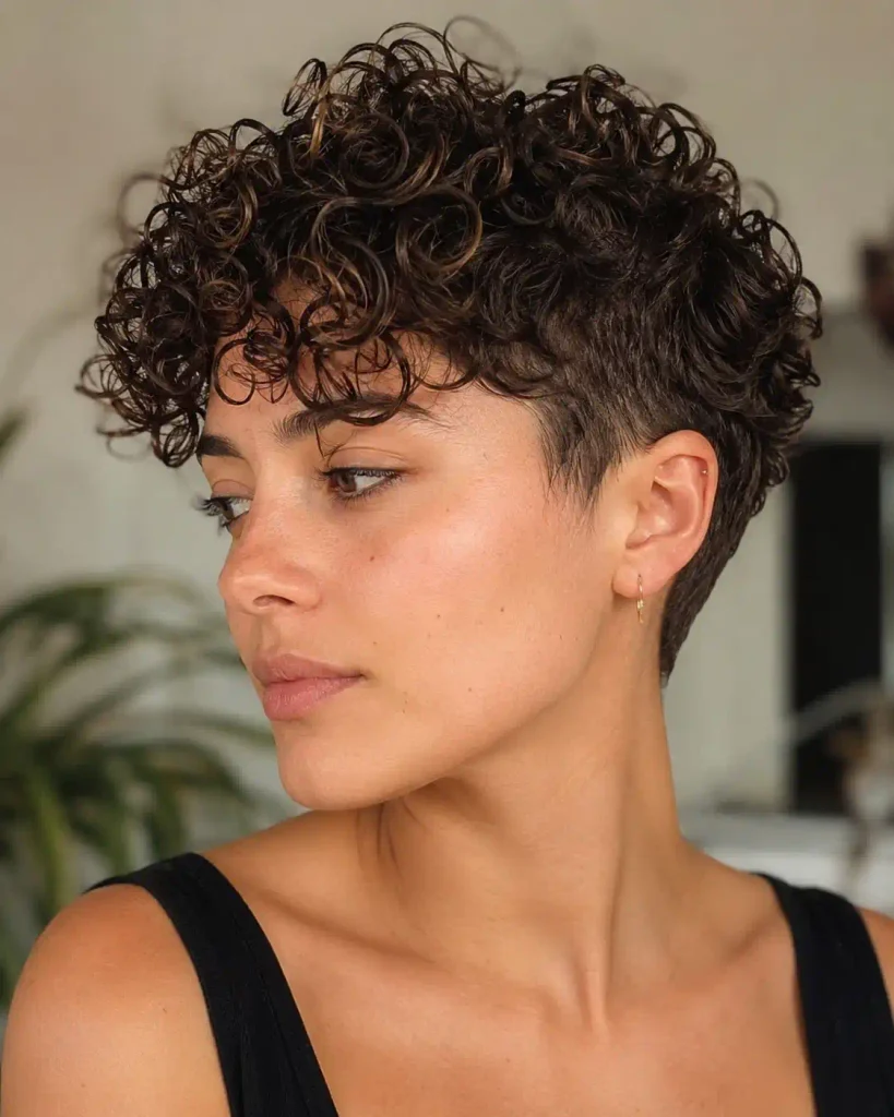 Woman with a curly textured choppy pixie haircut