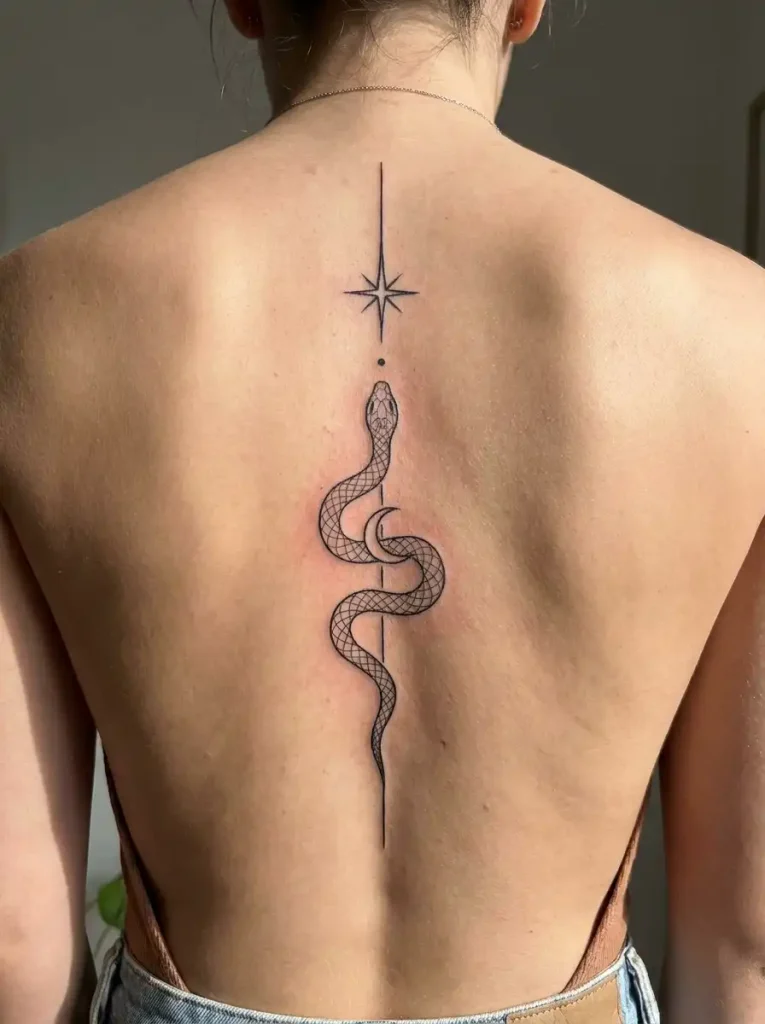 Serpent wrapped around a vertical dagger-line spine tattoo