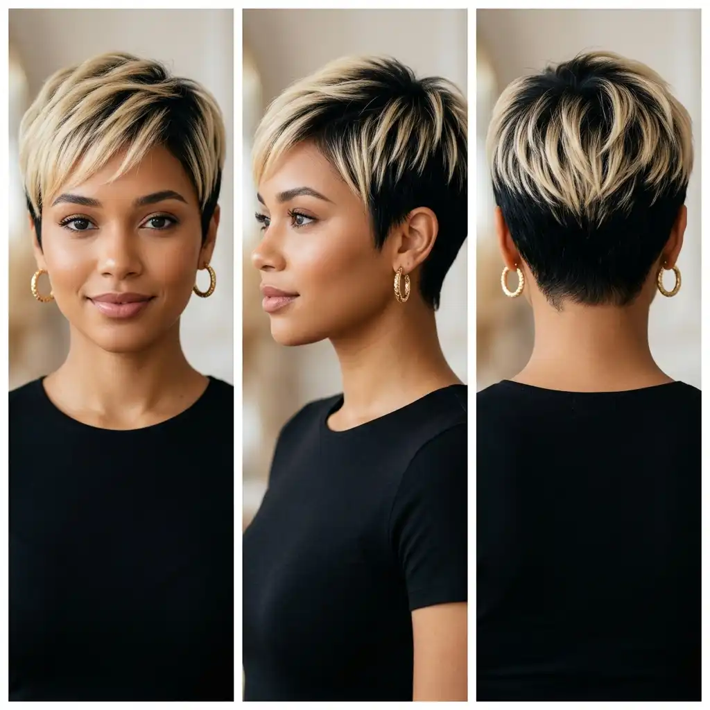 Woman with a two-tone black and blonde pixie haircut
