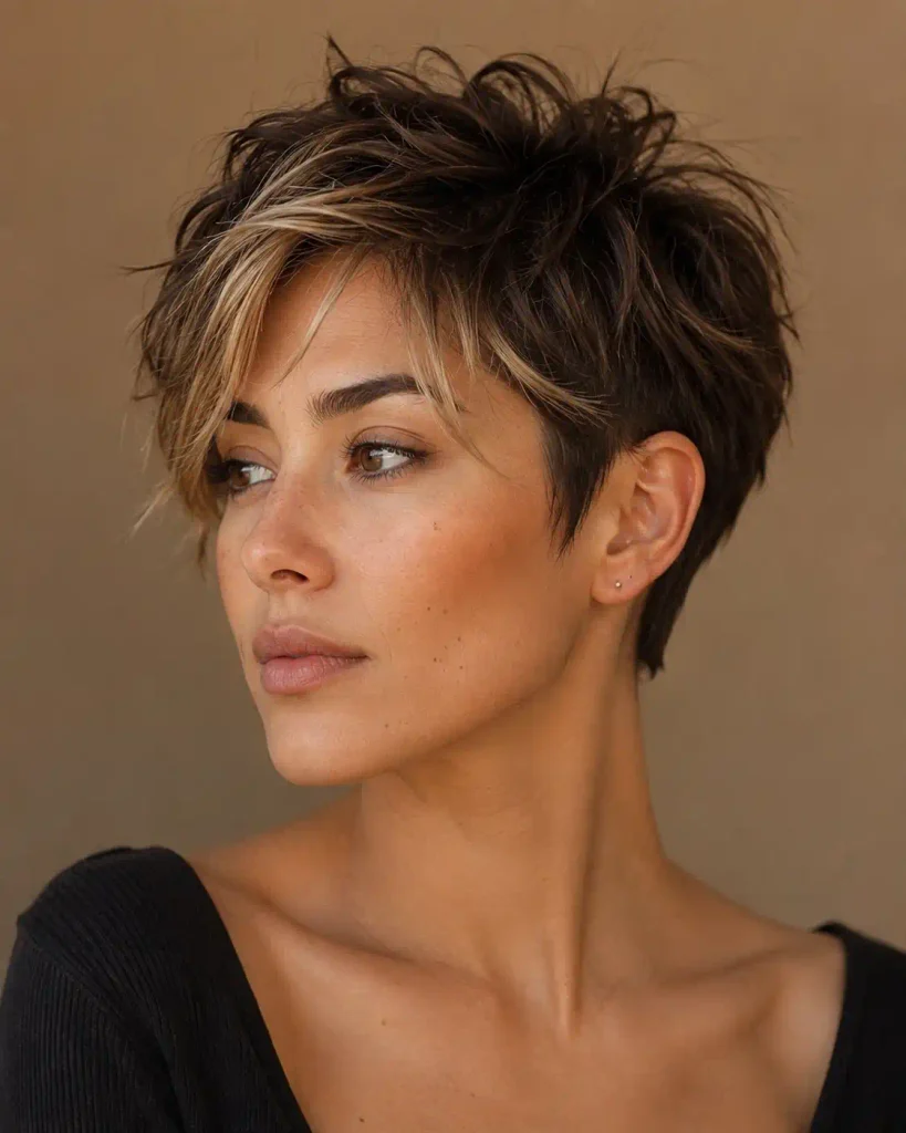 Woman with a two-tone choppy pixie haircut with face-framing color