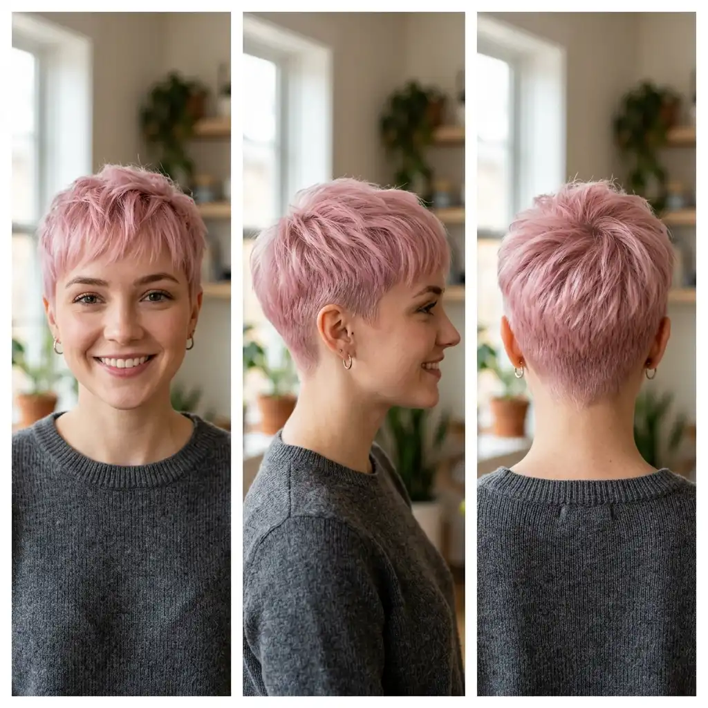 Woman with a pastel pink pixie haircut
