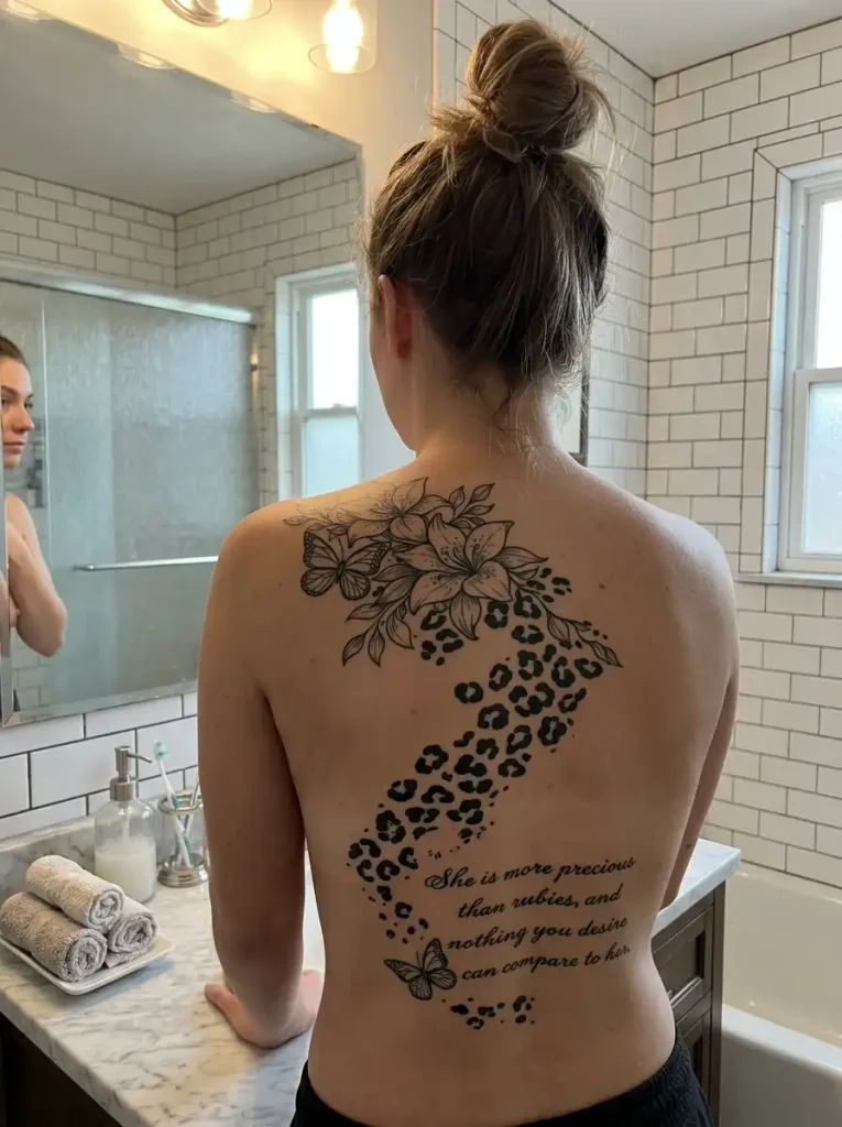 Leopard print trail spine tattoo with floral shoulder accent