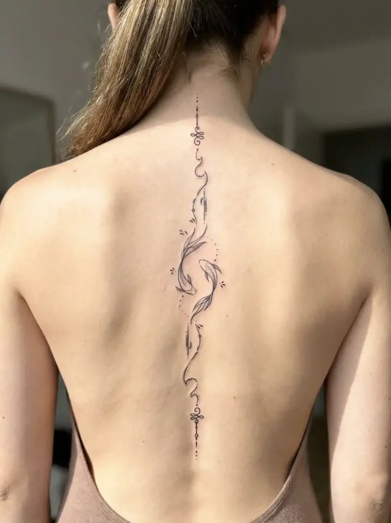 Fine-line spine tattoo with ornamental beads and a koi fish accent
