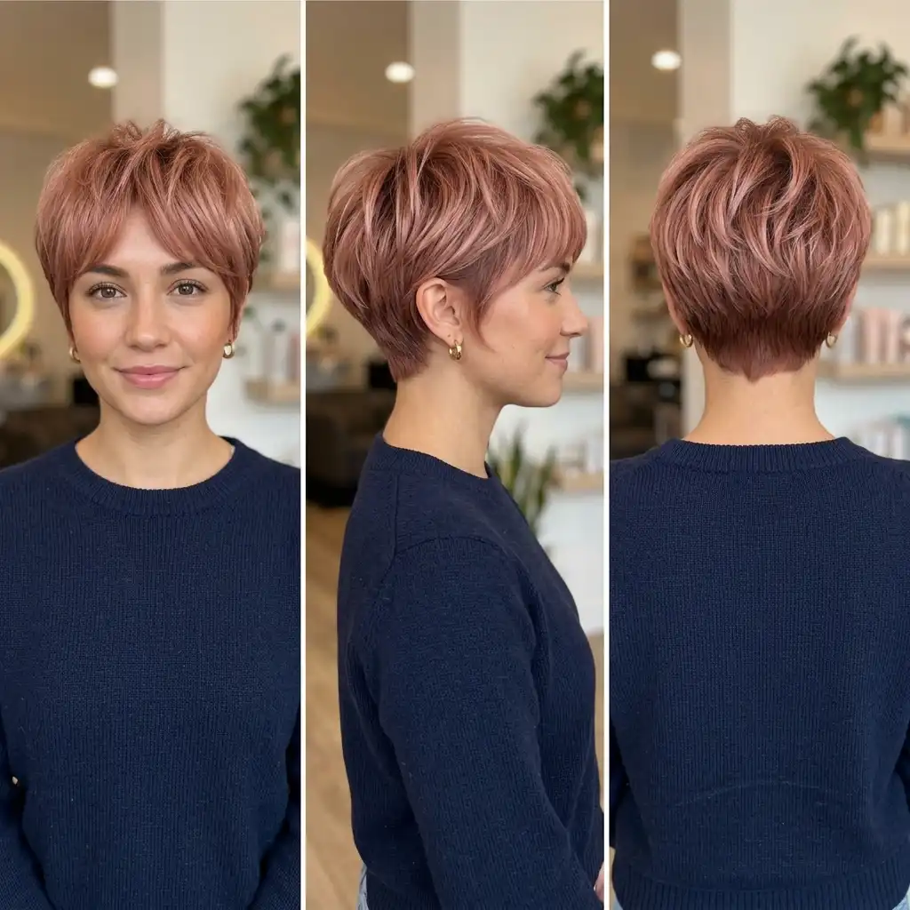 Woman with a rose gold pixie haircut
