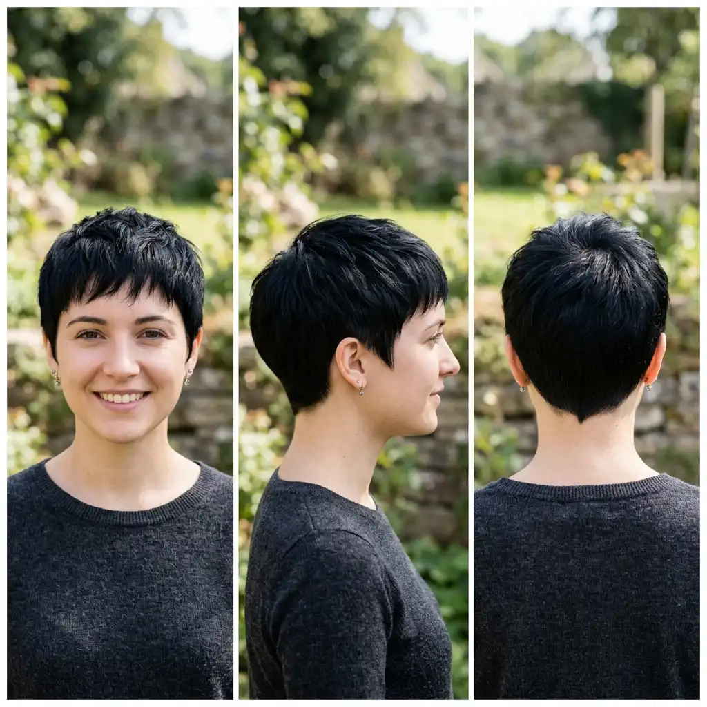 Woman with a sleek jet black pixie haircut
