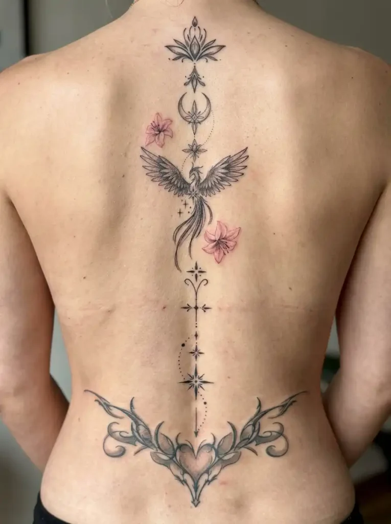 Phoenix and lotus spine tattoo with floral accents and heart flourish