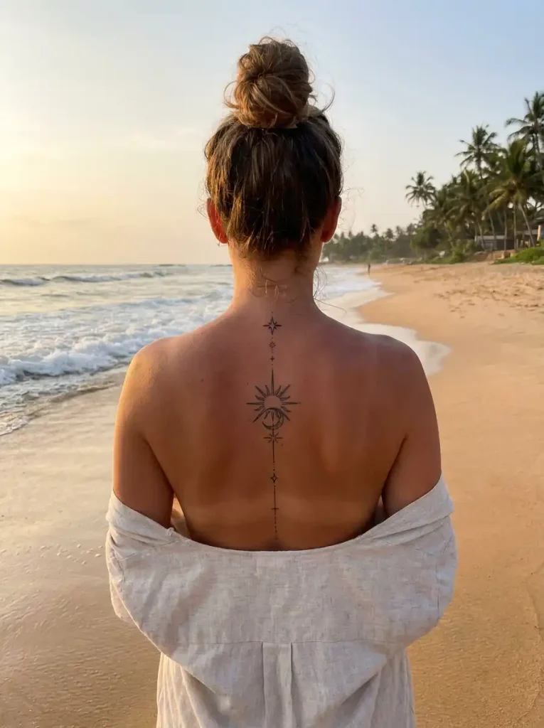 Minimalist celestial sun and star line tattoo along the spine