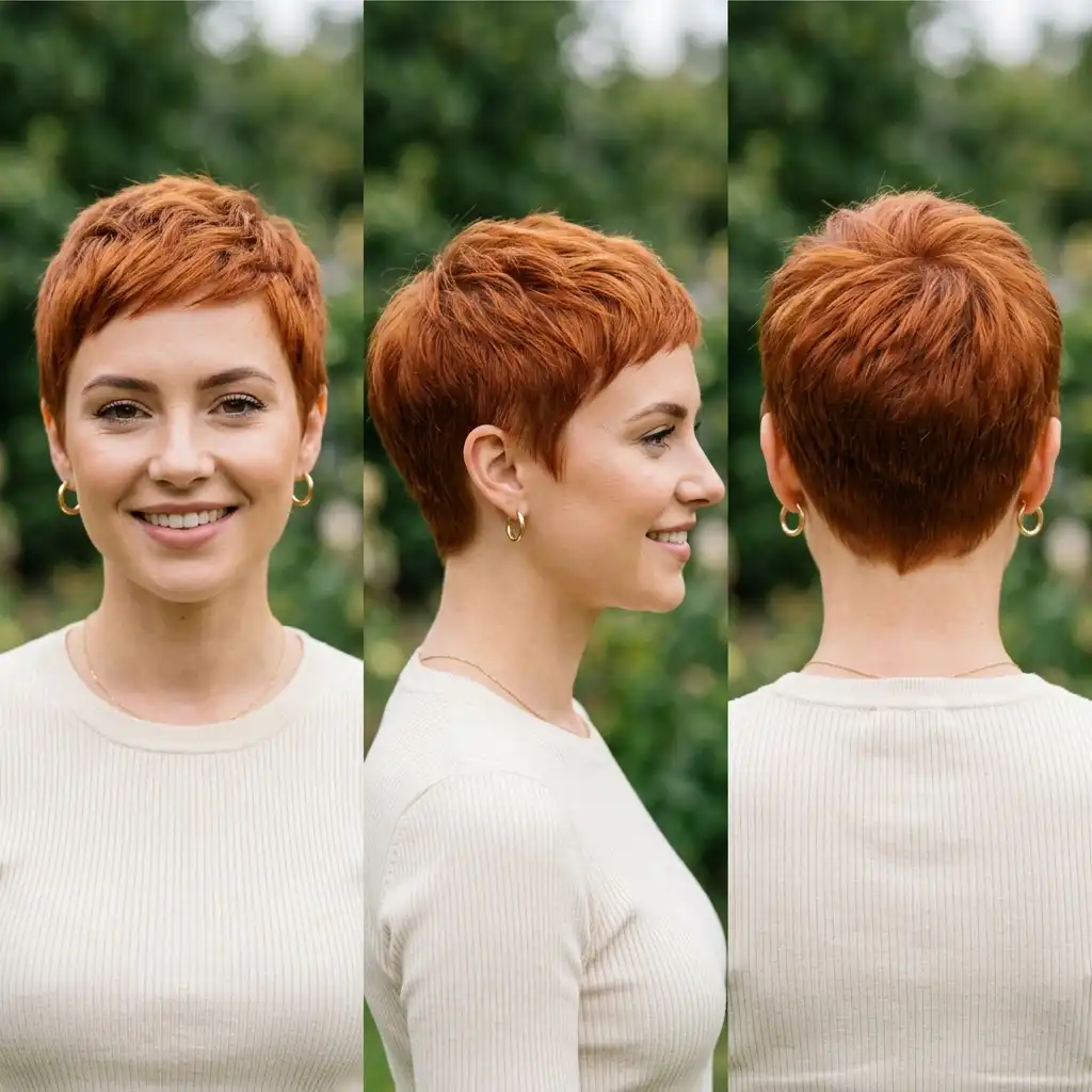 Woman with a vibrant copper red pixie haircut
