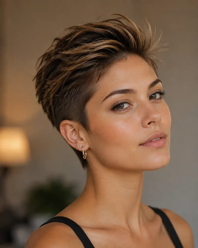 Woman with a brushed-back choppy pixie haircut and dimensional color