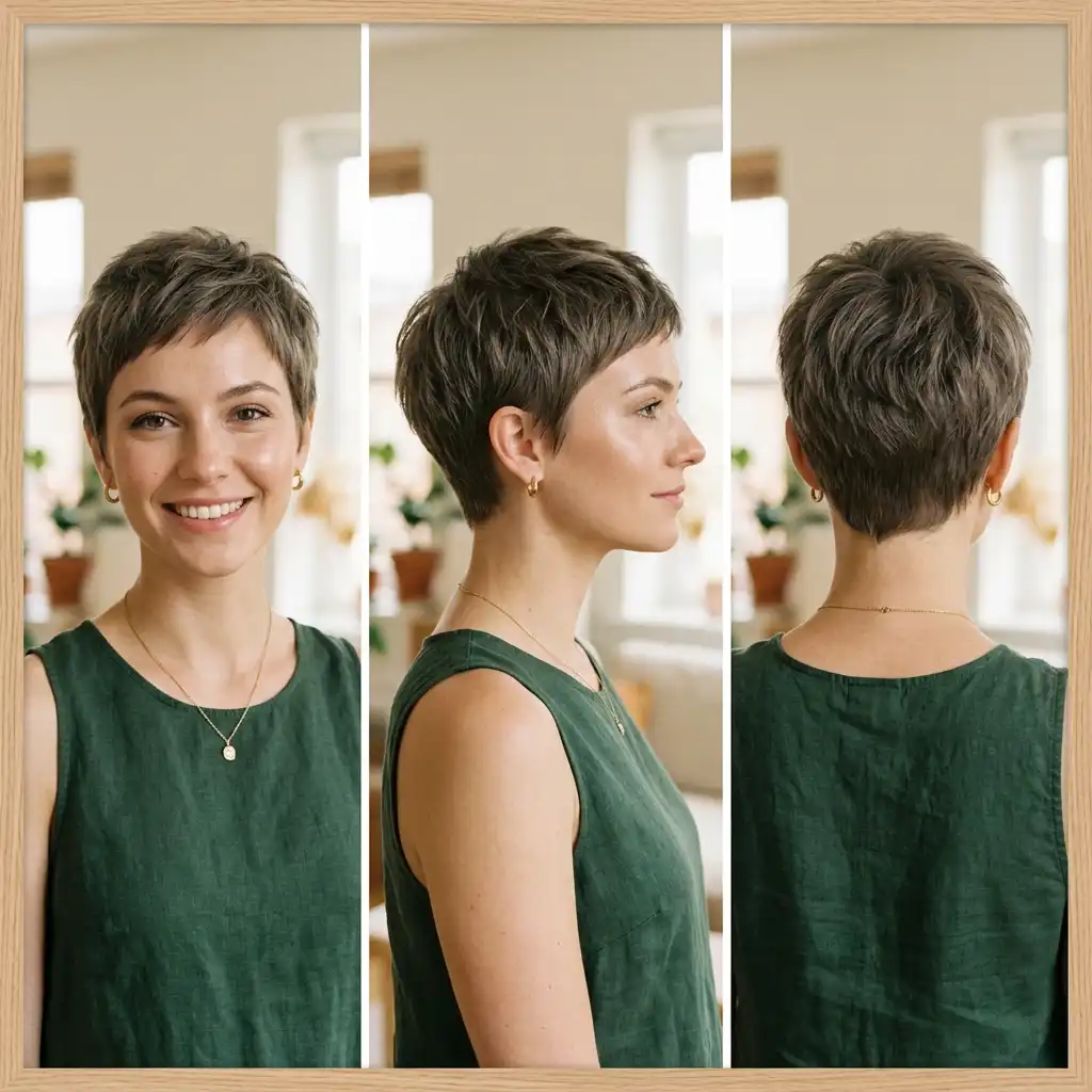 Woman with an ash brown pixie haircut
