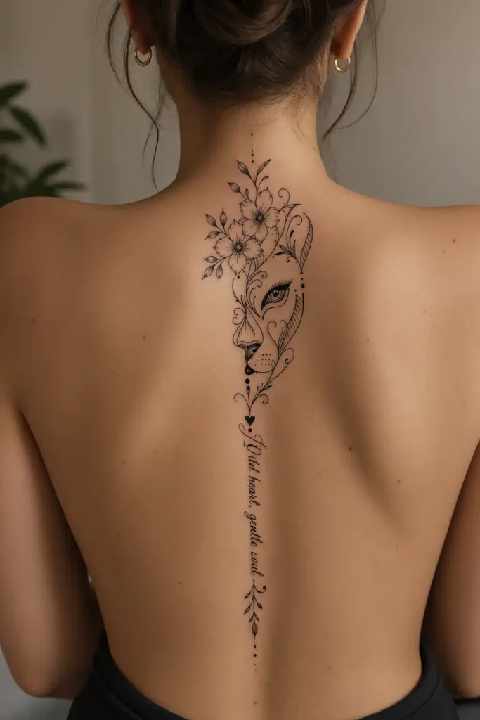 Lioness portrait spine tattoo with floral crown and cursive quote