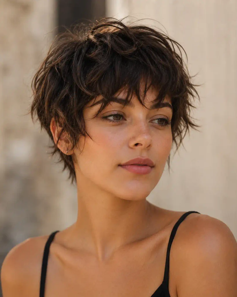 Woman with an undone, shaggy choppy pixie haircut