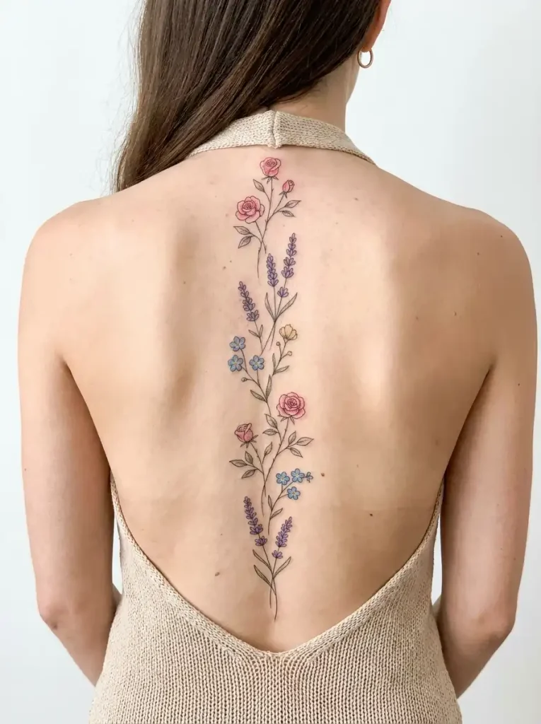 Colorful wildflower trail tattoo running down the spine