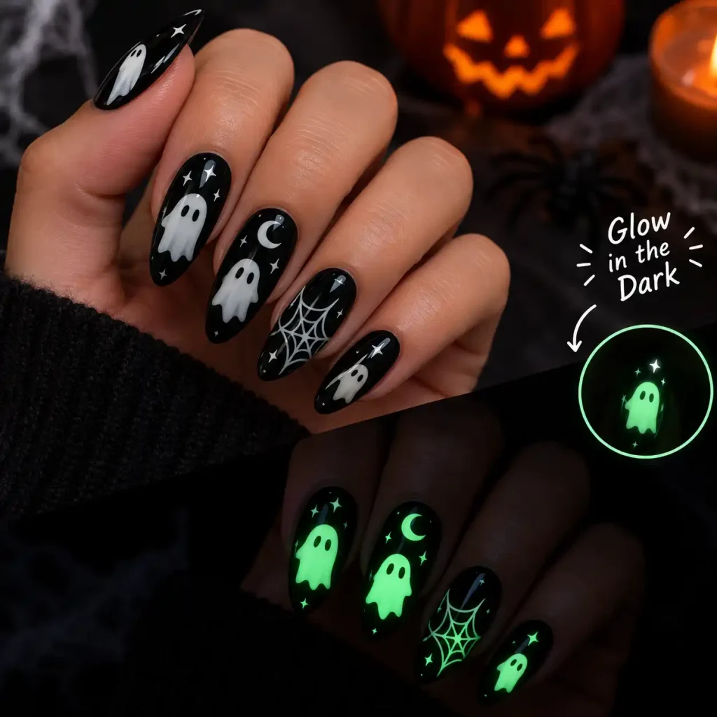 Glow in the dark ghost nail art design for Halloween night