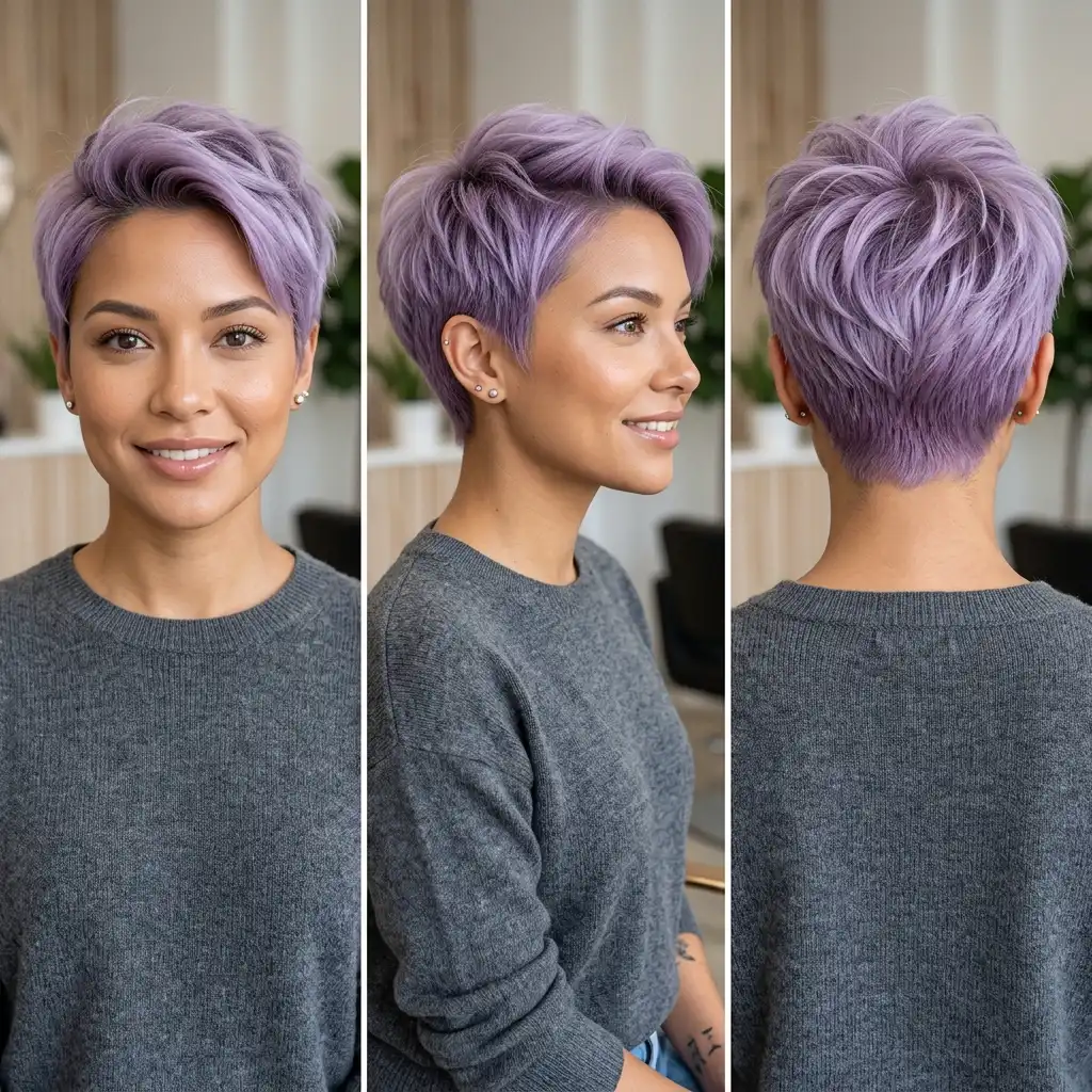 Woman with a soft lavender pixie haircut
