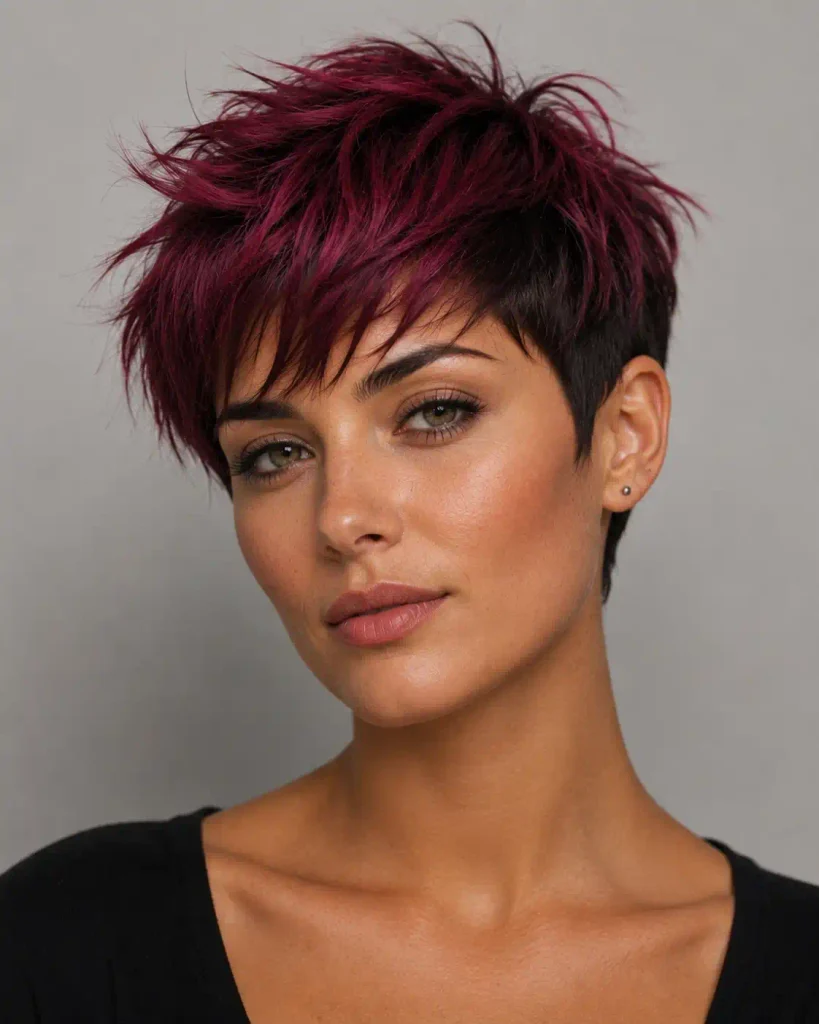 Woman with a vivid color-melt choppy pixie haircut