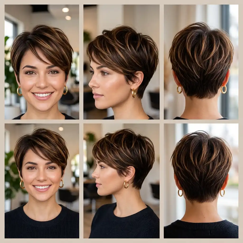 Woman with a chocolate balayage pixie haircut
