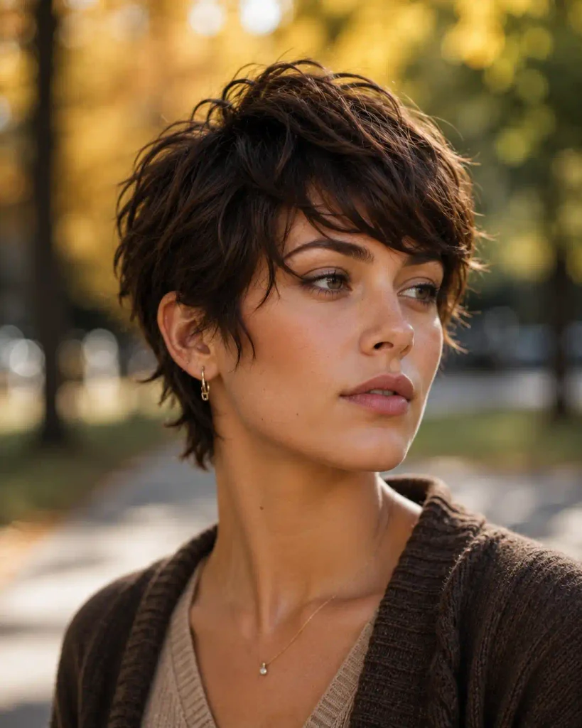 Woman with a soft side-swept pixie-shag haircut