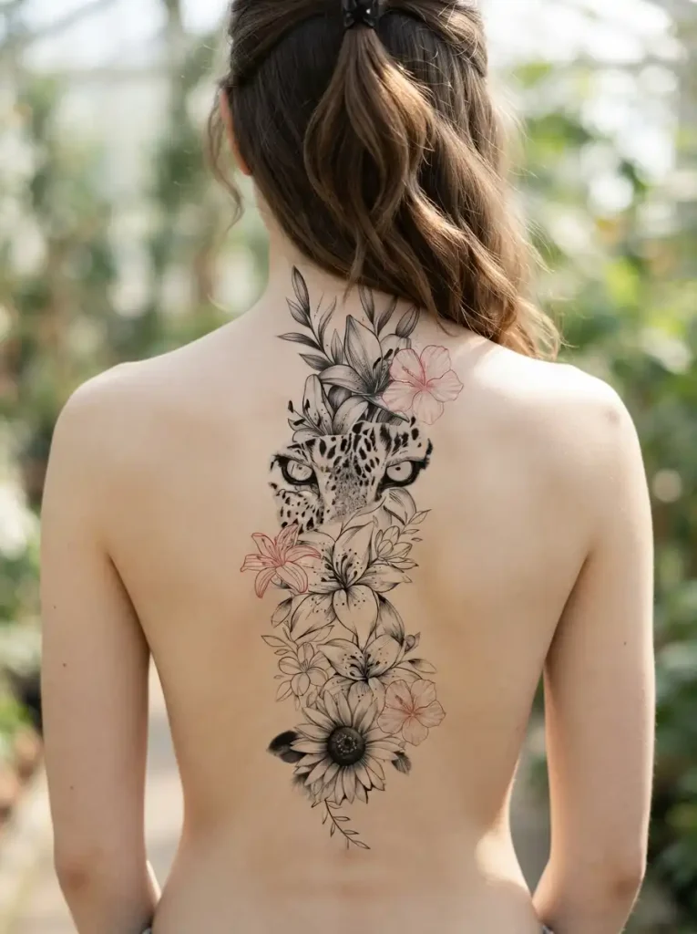 Leopard eyes emerging from a floral spine tattoo design