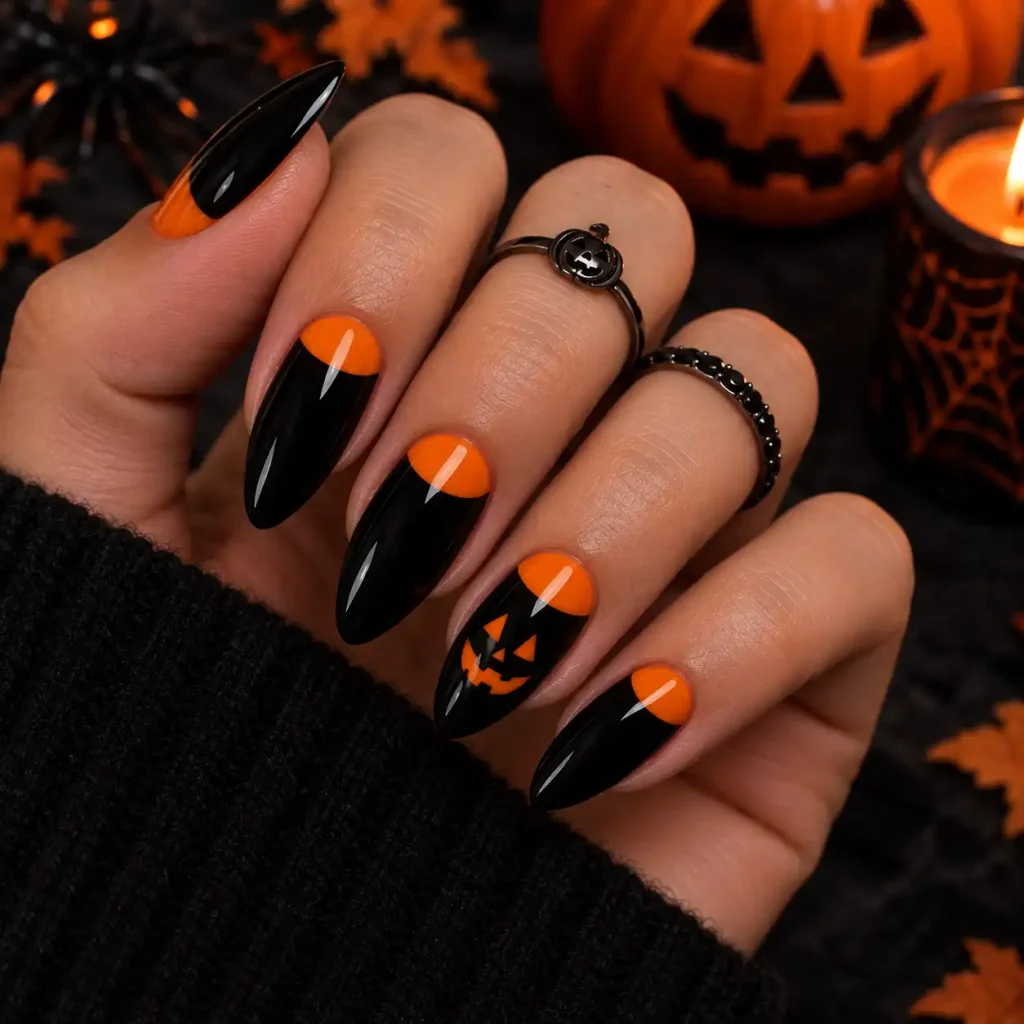 Orange and black reverse french half moon Halloween nails