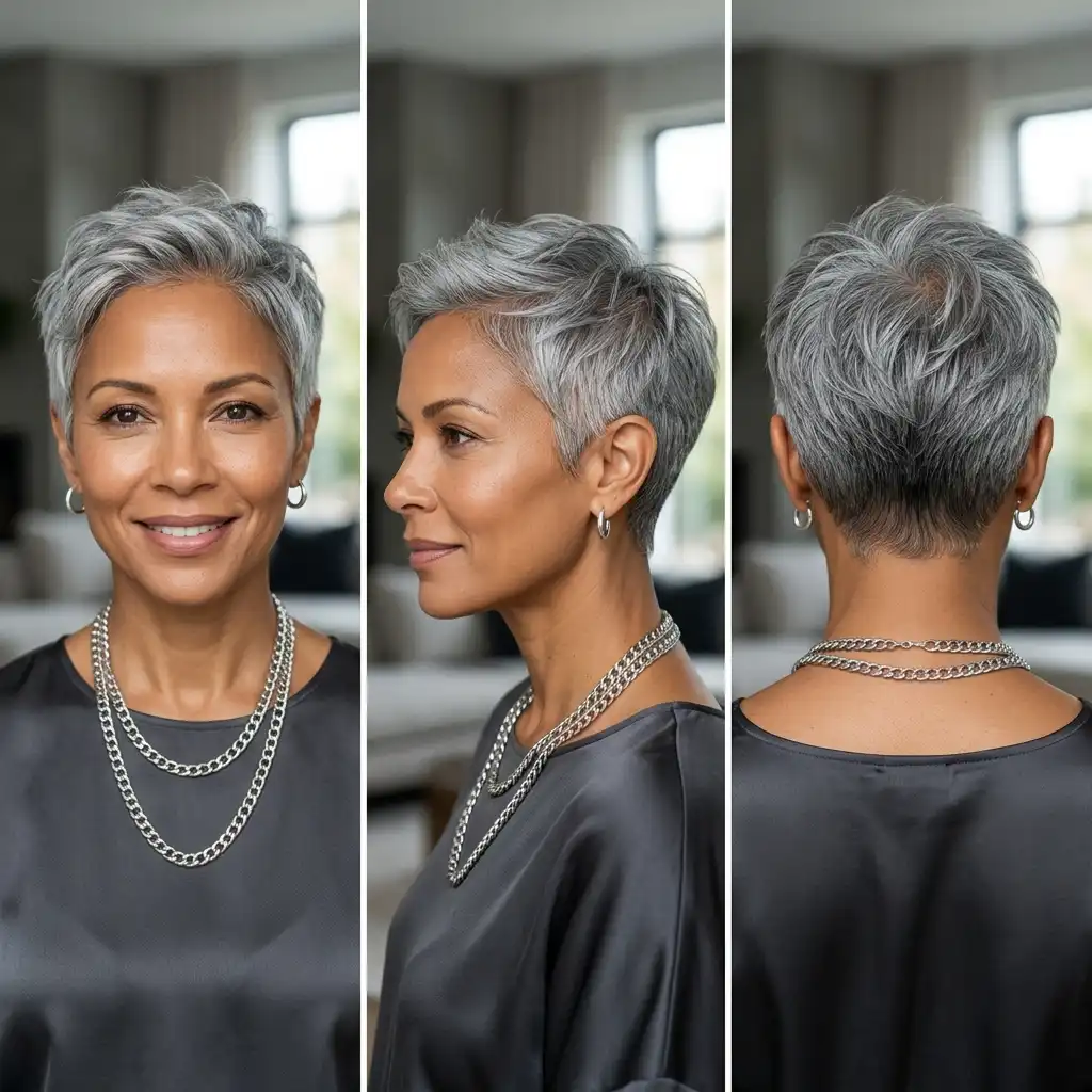 Woman with a silver gray pixie haircut
