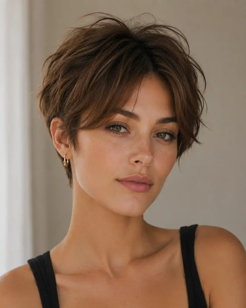 Woman with a choppy pixie haircut and a middle-parted curtain fringe