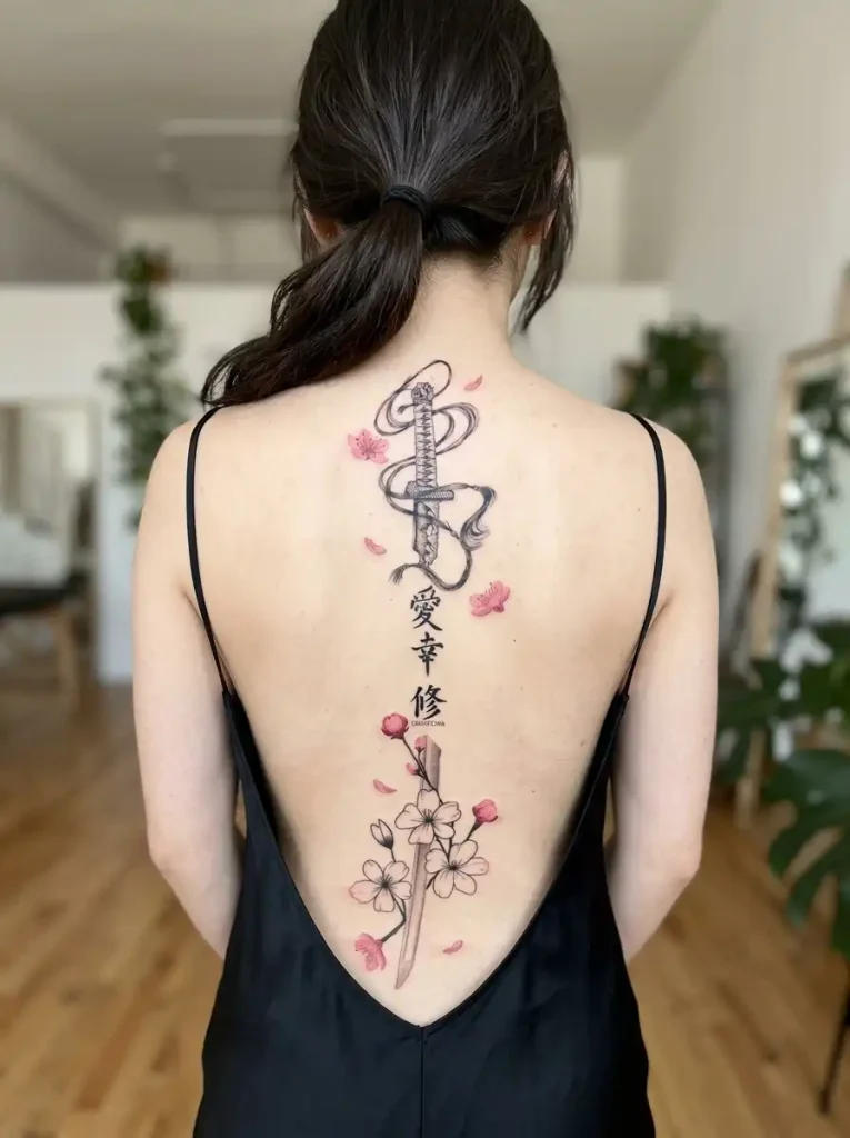 Sword hilt and cherry blossom spine tattoo with vertical script