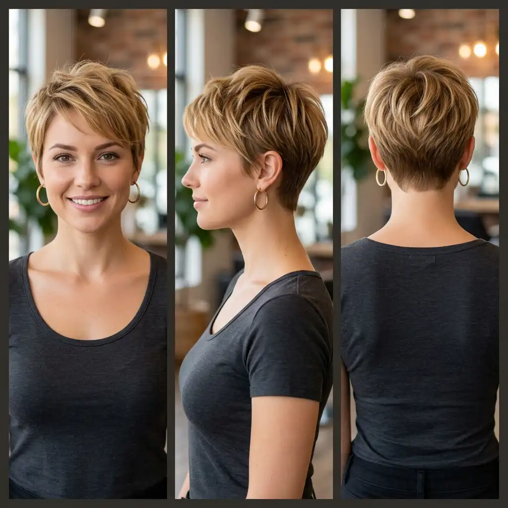 Woman with a honey blonde pixie haircut
