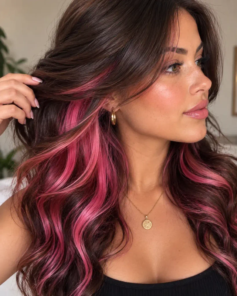 Hidden pink peekaboo highlights under top hair layer