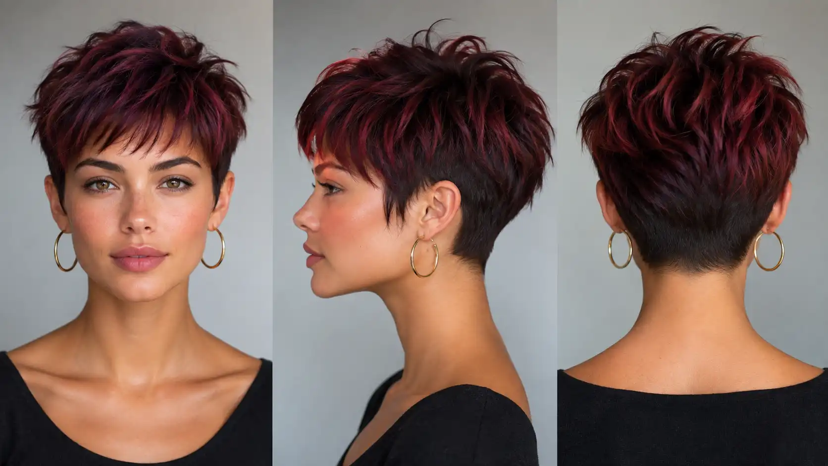 Woman with a colorful trendy pixie haircut in a studio portrait