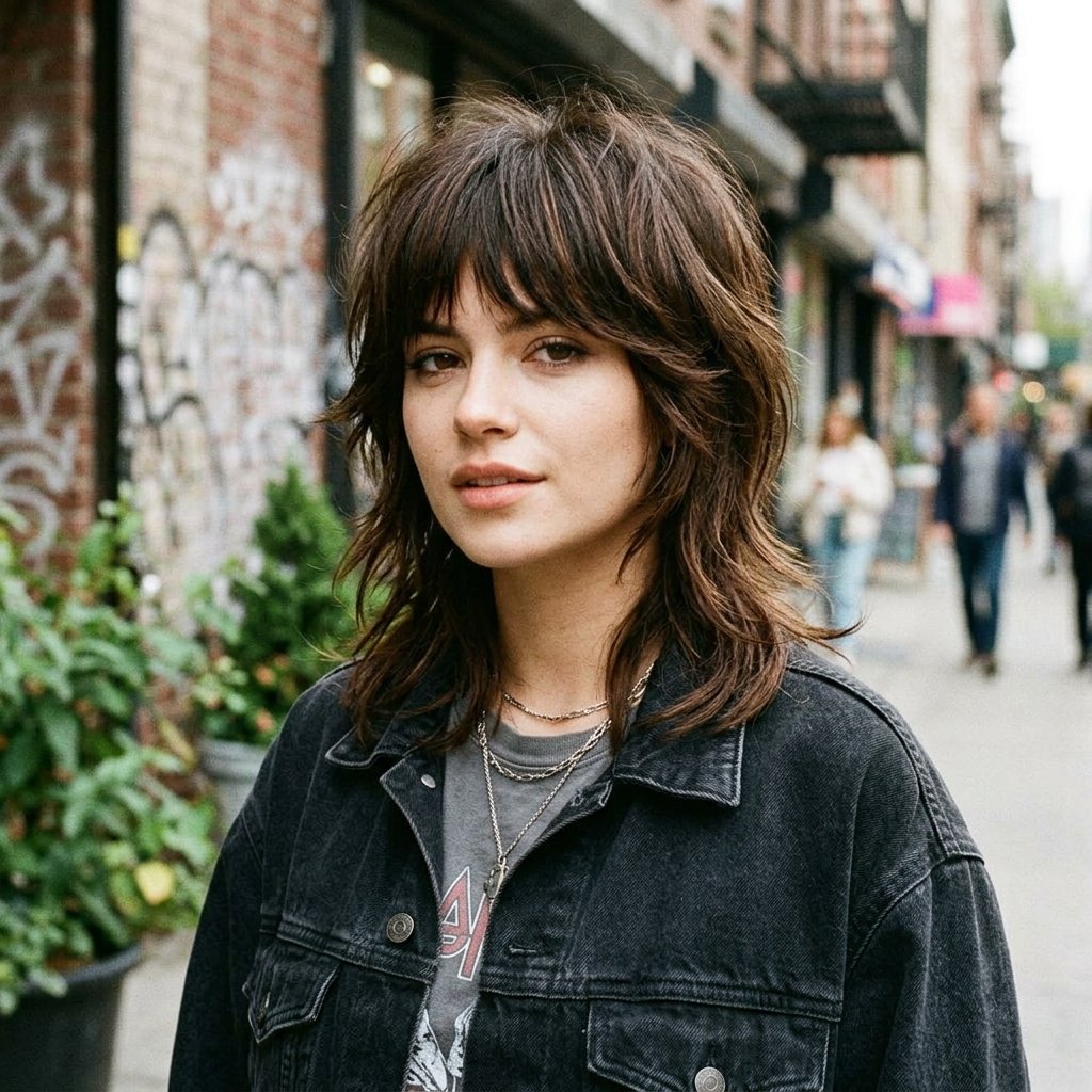 Woman with a shaggy wolf cut hairstyle showing heavy layers and texture