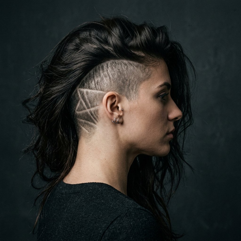 Shaved undercut hairstyle with long hair left on top