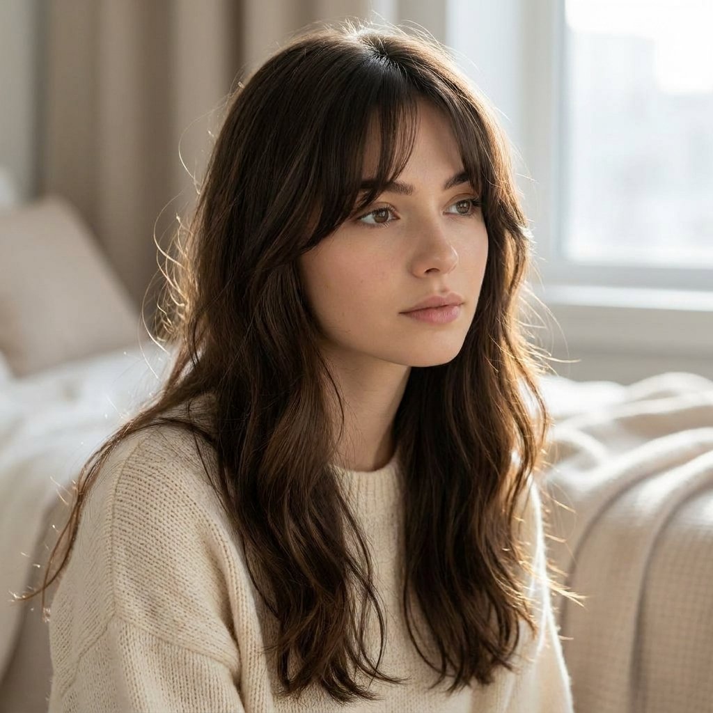 Soft curtain bangs framing the face with long layered hair