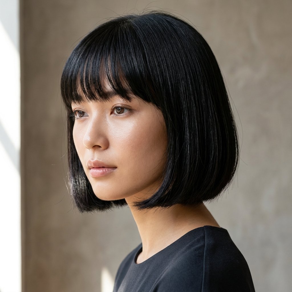 Classic bob haircut styled with full face-framing bangs