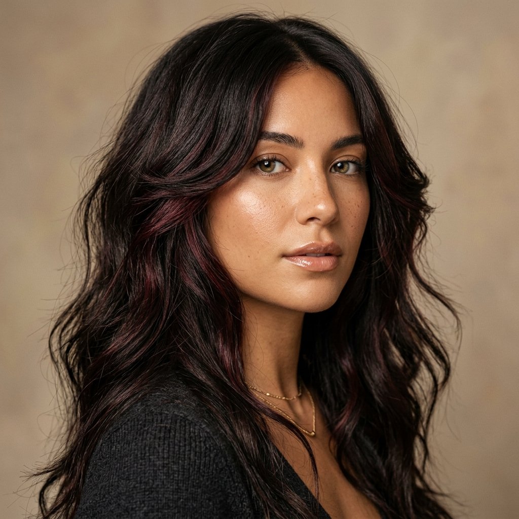 Face-framing layers cut into long hair with a pop of color
