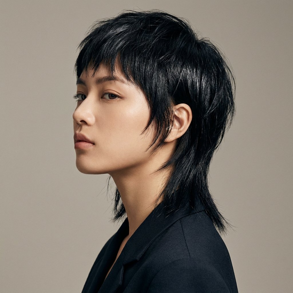 Short mullet haircut with shaved sides and longer back layers