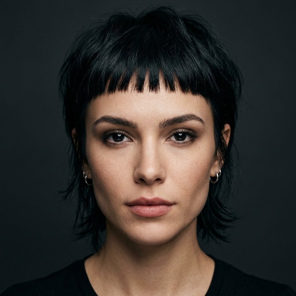 Ultra-short micro bangs paired with dark layered hair