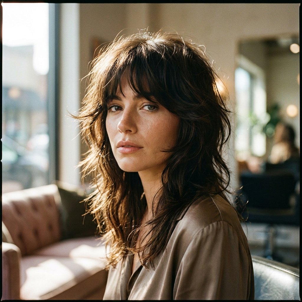 Choppy shag haircut with curtain bangs and layered ends