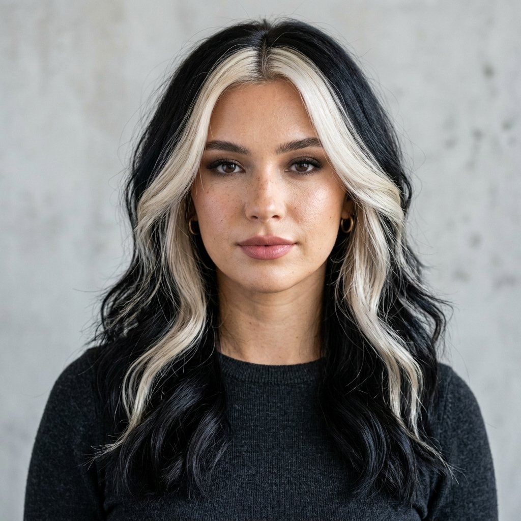 Two-tone hair color with dark roots and platinum ends