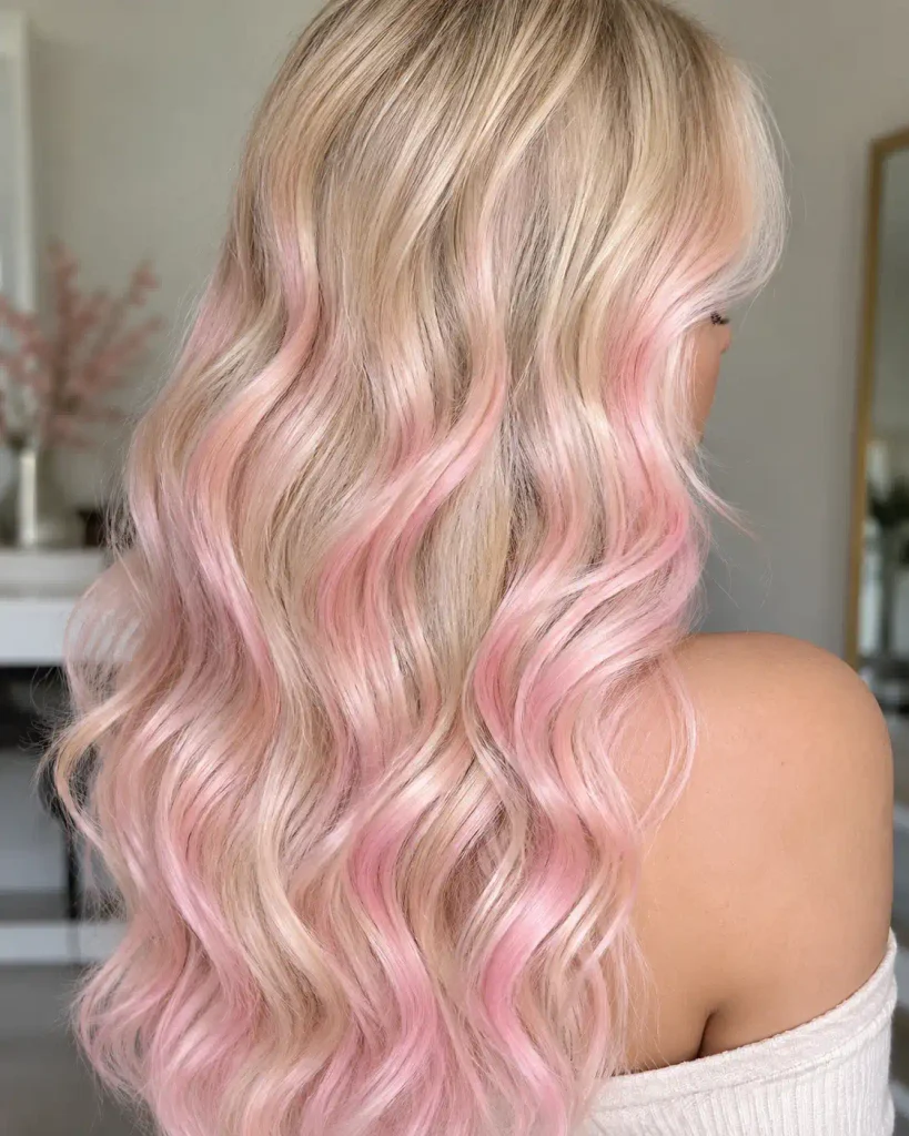 Soft baby pink pastel waves on long blonde hair