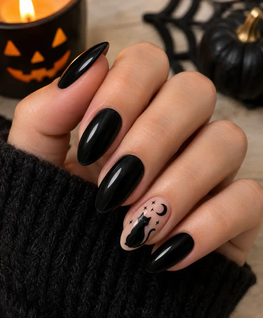 Black cat silhouette accent nail design for Halloween